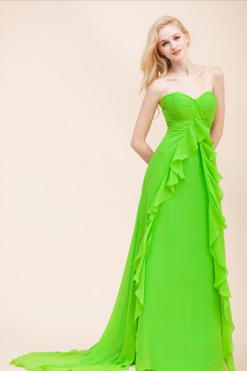 Robe verte ple bustier cur  volants pour tmoin mariage